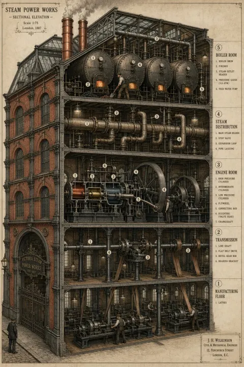 Steampunk Building Cross-Section Blueprint