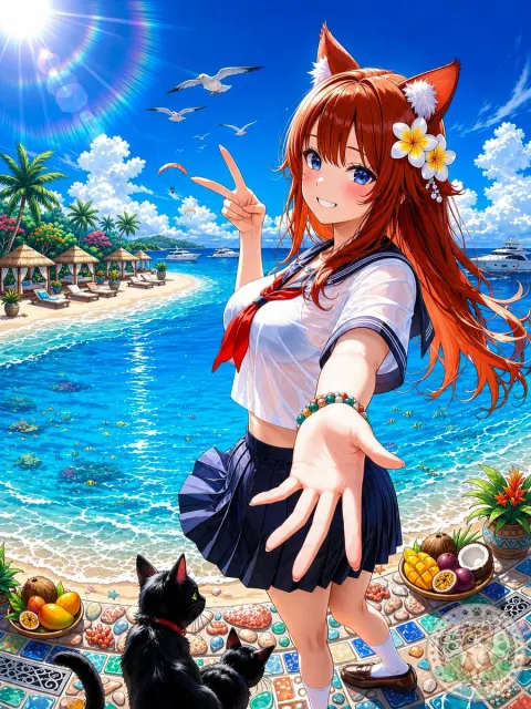 Fox Girl Beach Selfie Anime Art
