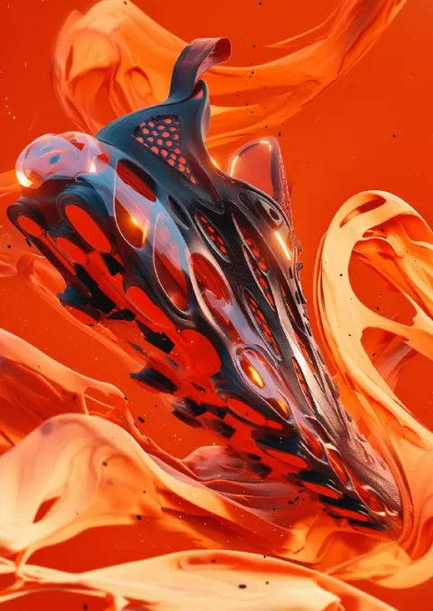 Black and Red Flame Sneaker Floating in Energy Waves
