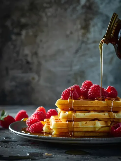 Gourmet Waffle Stack With Maple Syrup and Berries