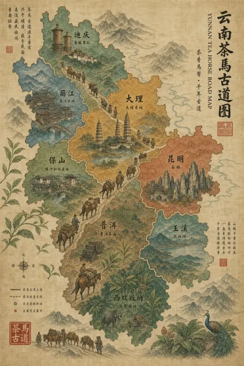 Vintage Yunnan Tea Horse Road Map