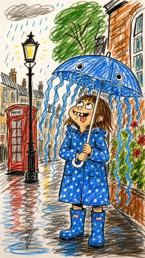 Funny Child Doodle Rainy Street Scene