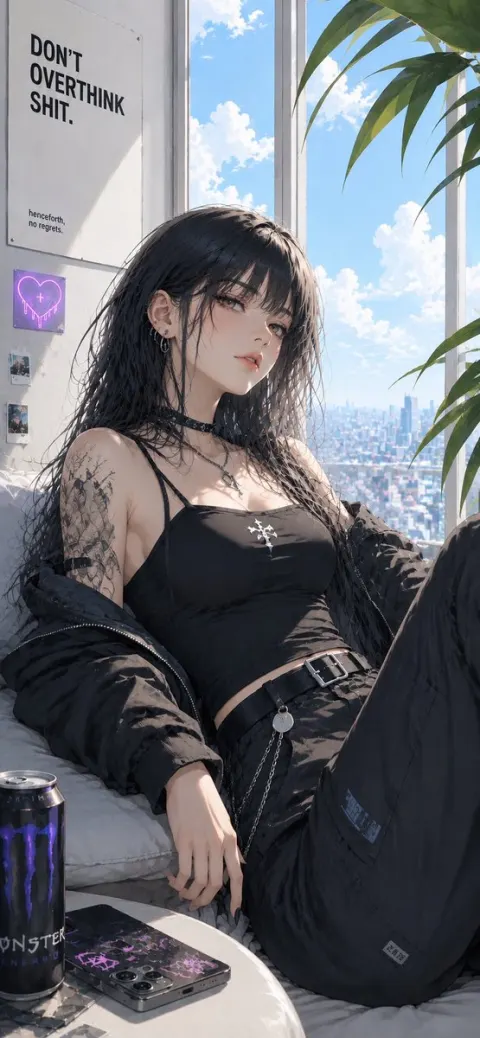 Goth Girl Lounging in Sunny Apartment
