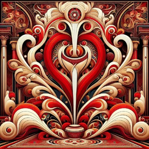 Red Arabesque Rug in Ndebele Surrealist Mural Style