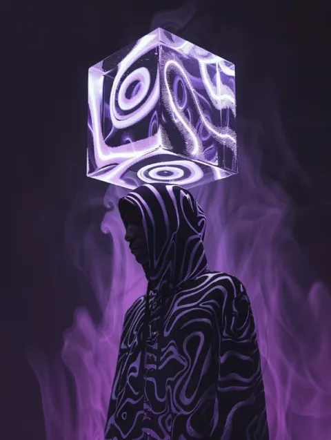 Cloaked Figure Beneath Liquid Amethyst Cube in Shadows