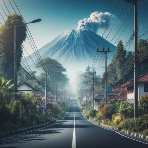 Descending Road Toward Smoking Mount Merapi Under Blue Sky