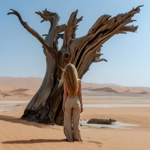 Blonde Woman in Beige Cargo at Dead Desert Tree