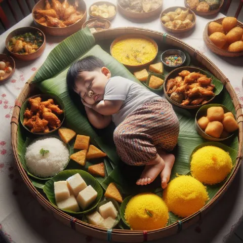 Chubby Indonesian Boy Sleeping on Tray of Yellow Rice
