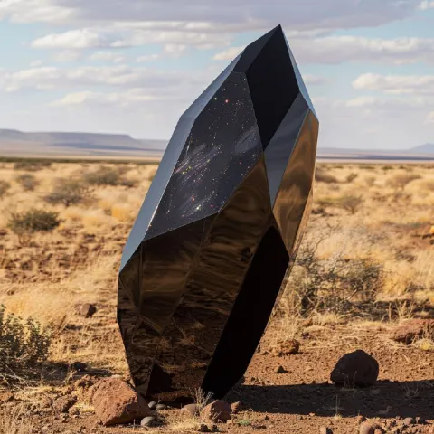 Black Dichroic Voronoi Shard Sculpture in African Savannah