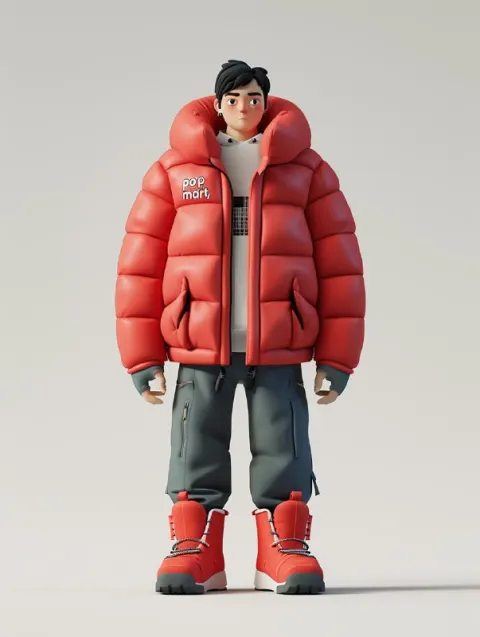 Clay Style Asian Man in Thick Red Winter Clothes