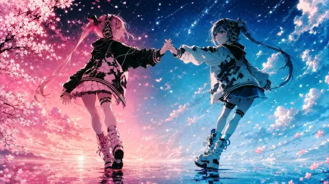 Futuristic Idols Holding Hands at Sunset