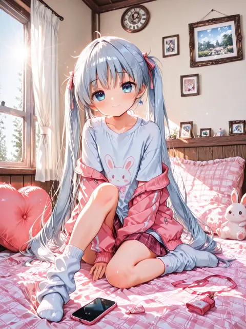 Twin-Tail Girl Sunlit Bedroom