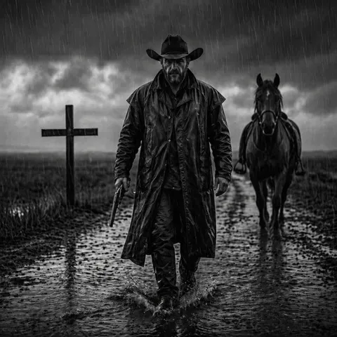 Lone Cowboy in Heavy Rainstorm