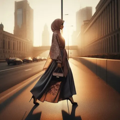 Muslim Woman in Stylish Hijab at Golden Hour City Evening