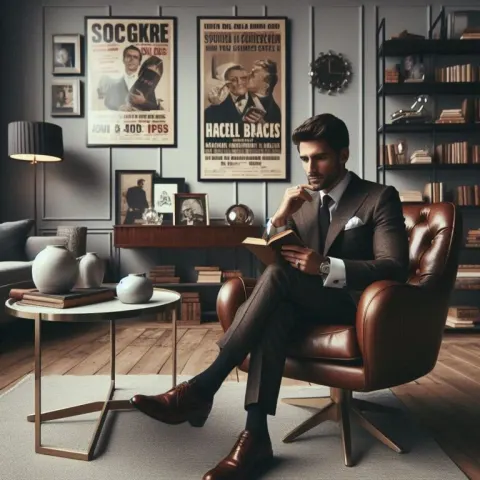 Rich Man in Brown Suit Reading in Luxurious Modern Interior