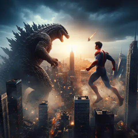 Godzilla Versus Superhero in Epic City Battleground