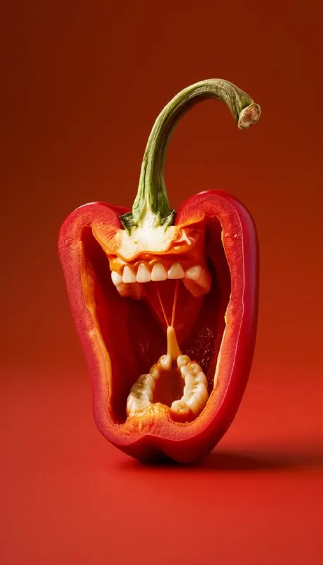 Red Pepper Half With Ugly Teeth Studio Commercial Photo