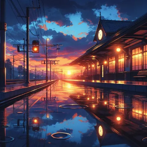 Rain-Soaked Train Station Platform at Moody Dusk