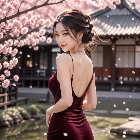 Elegant Red Dress in Sakura Garden