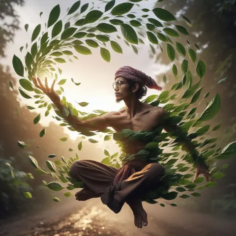 Man With Air Manipulation Superpower and Swirling Leaves