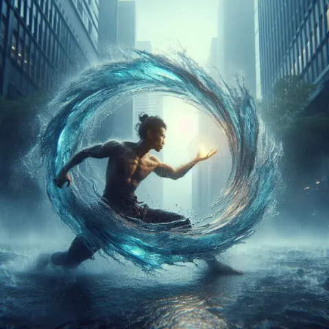 Man Wielding Water Vortex Superpower in Dynamic Pose