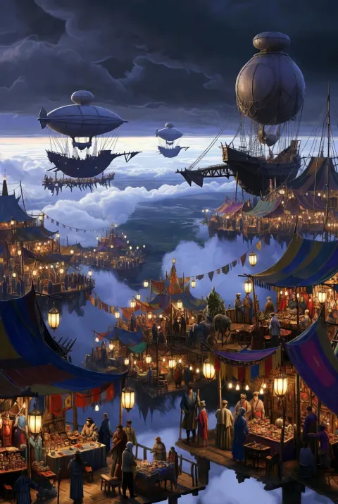 Floating Steampunk Night Market Above Clouds
