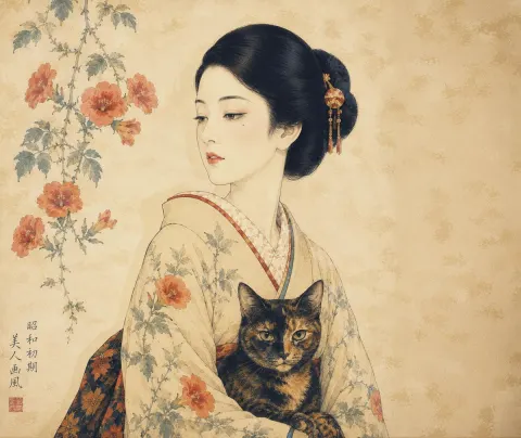 Showa Kimono Woman With Cat