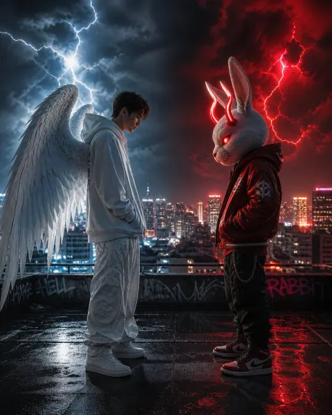 Cyberpunk Rooftop Angel Demon Showdown