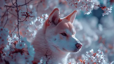 Infrared White Shiba Inu With Cherry Blossoms Dystopia