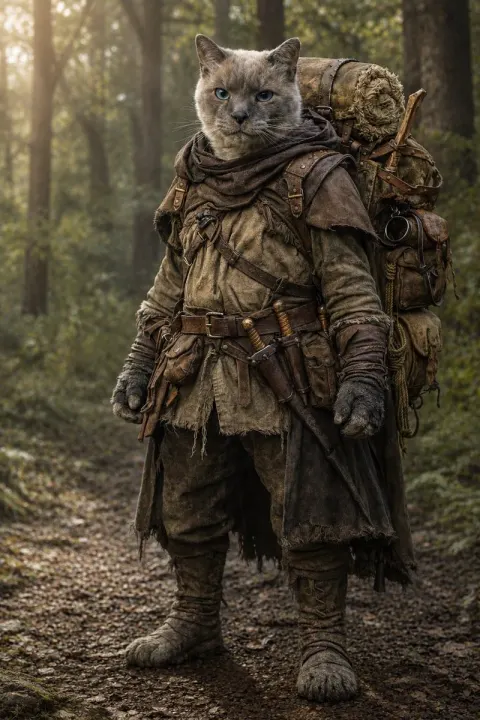 Anthropomorphic Cat Ranger in Forest