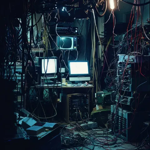 Chaotic Wired Workroom in Neon Dramatic Film Shot