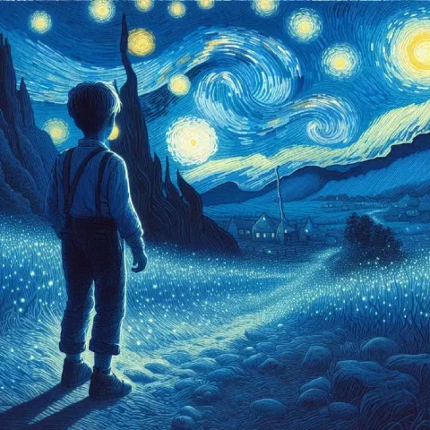 Boy in Wilderness With Blue Dots Van Gogh Pointillism