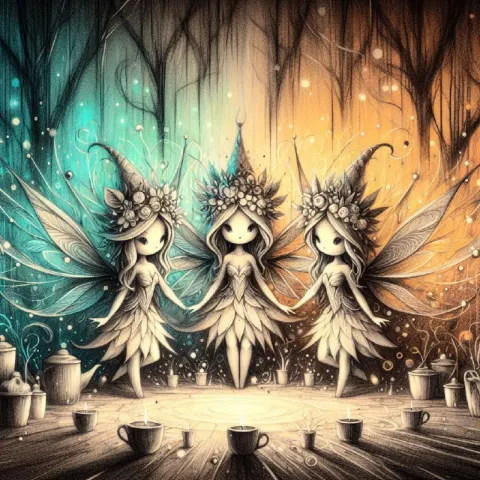 Triplet Forest Sprite Fairies in Surreal Pencil Fantasy