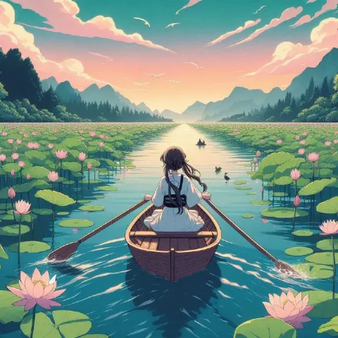 Anime Girl Rowing Among Lotus Flowers on Green Lake