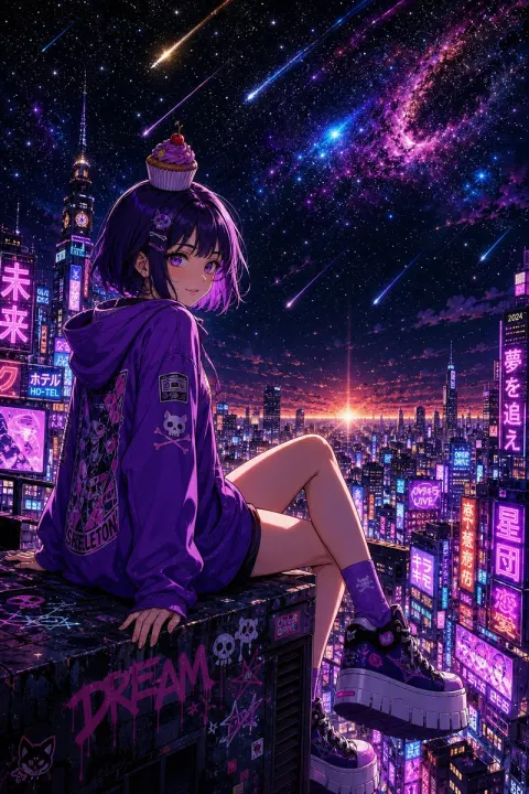 Cyberpunk Rooftop Dusk Anime Girl