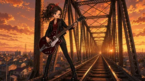 Sunset Guitarist on Rusty Bridge