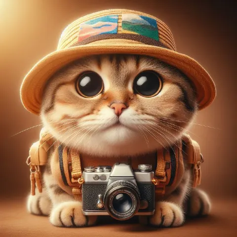 Cute Tourist Cat With Camera and Sunhat Nature Photo