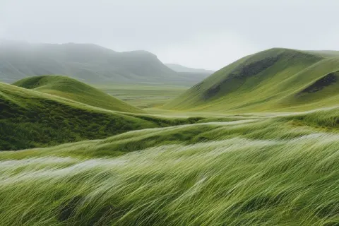 Minimalist Icelandic Meadows on Rolling Hills in Wind