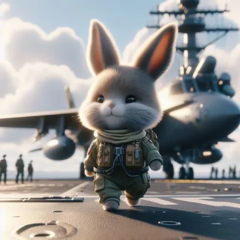 Fluffy Rabbit Pilot Walking on Aircraft Carrier Render