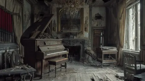Dilapidated Room With Dusty Piano in Movie Style