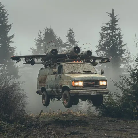 Winged GMC Camper Van With Jet Engines Flying in Rain