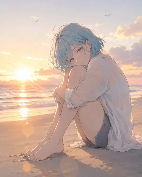 Blue-Haired Girl at Sunset Beach