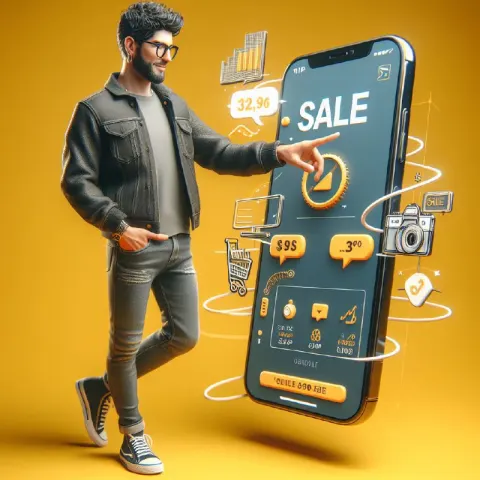 Excited Man With iPhones Showing Online Sale Platform