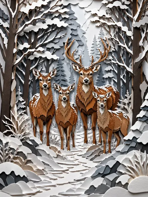 Papercut Deer Family Winter Forest