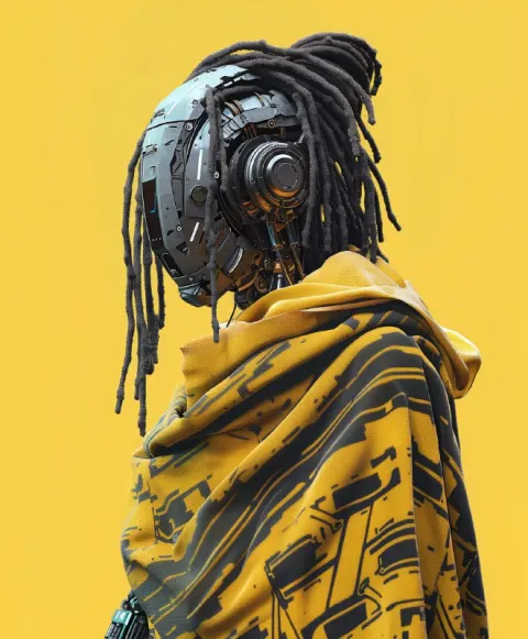 Sleek Cyberpunk Mecha Robot With Yellow Dreadlocks