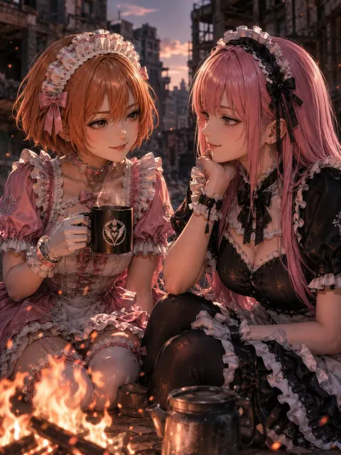 Gothic Maids by Campfire in Ruins