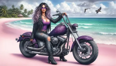 Mature Woman on Vintage Harley at Beach