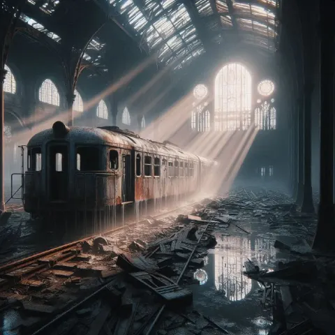 Abandoned Train Station With Wrecked Trains and Light Rays