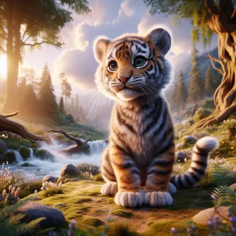 Adorable 3D Baby Tiger in Fantastical 8K Landscape