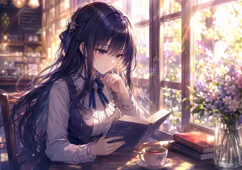 Anime Girl Reading in Sunlit Cafe